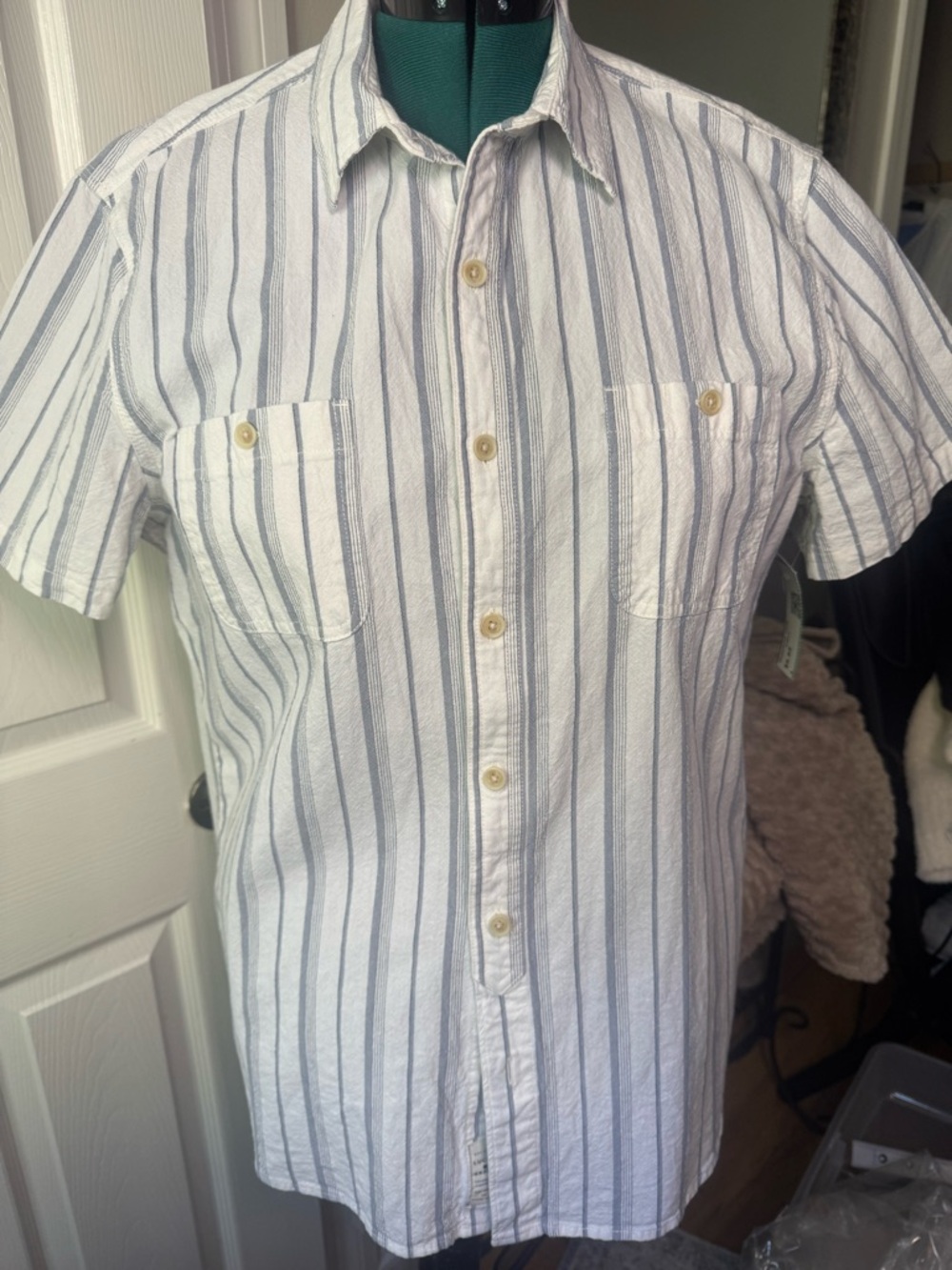 Lucky Brand White Short-Sleeve Button-Down with Gray Stripes, very nice, soft